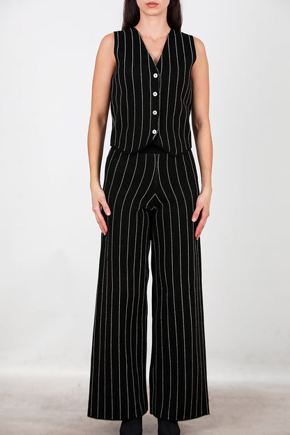 Kadın Çizgili Yelekli Triko Takım Siyah