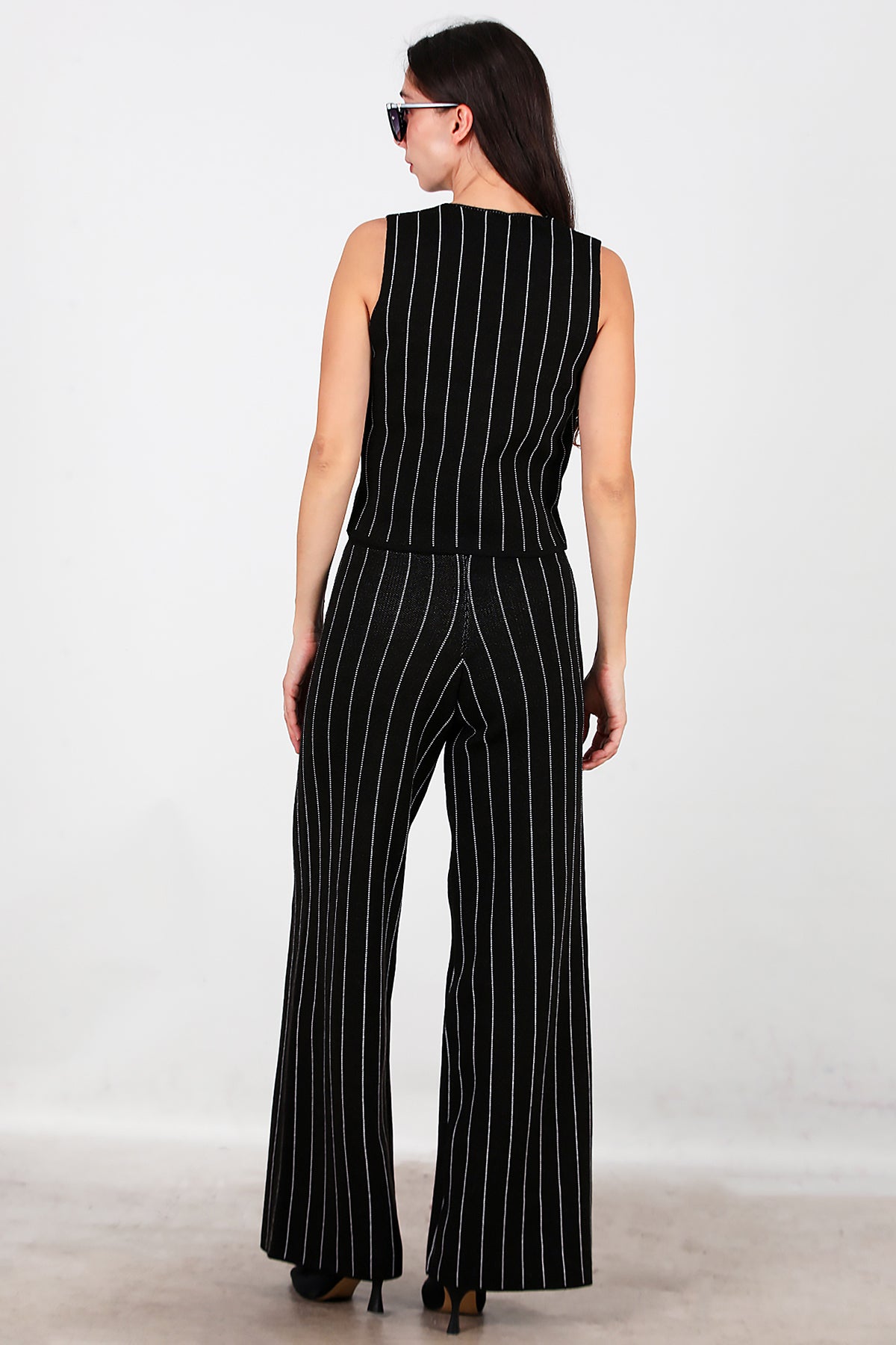 Kadın Çizgili Yelekli Triko Takım Siyah