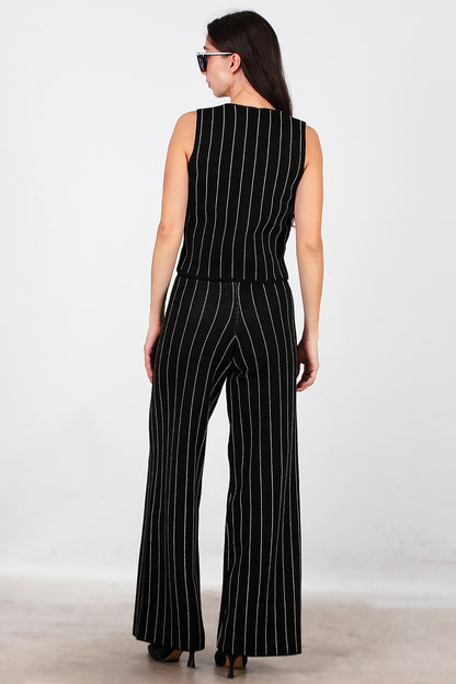 Kadın Çizgili Yelekli Triko Takım Siyah