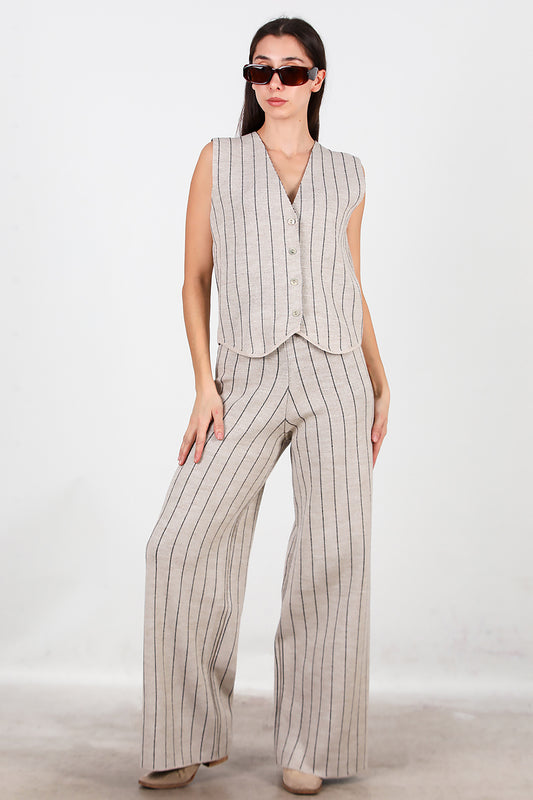 Kadın Çizgili Yelekli Triko Takım Vizon