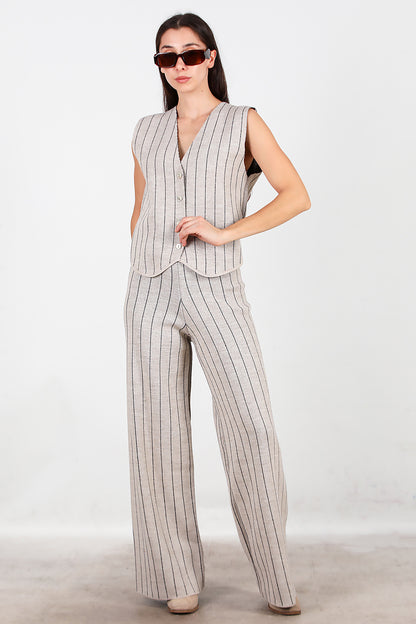 Kadın Çizgili Yelekli Triko Takım Vizon