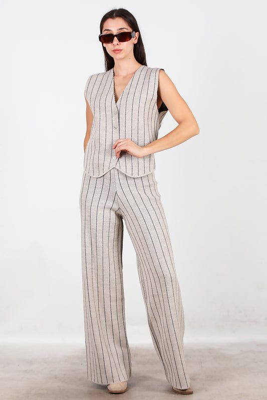 Kadın Çizgili Yelekli Triko Takım Vizon