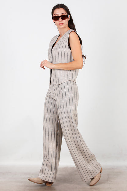Kadın Çizgili Yelekli Triko Takım Vizon