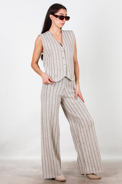 Kadın Çizgili Yelekli Triko Takım Vizon