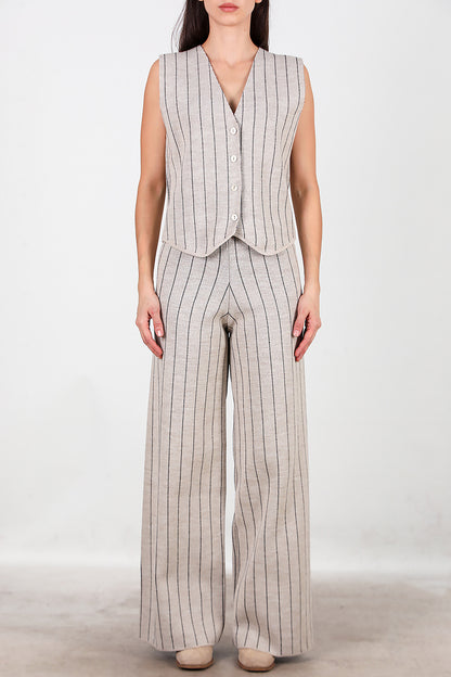 Kadın Çizgili Yelekli Triko Takım Vizon