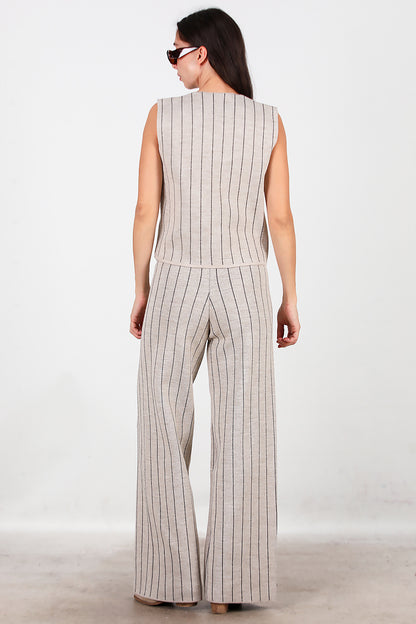 Kadın Çizgili Yelekli Triko Takım Vizon