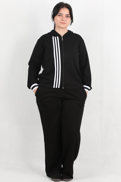 LineaFit Büyük Beden Çizgili Kapşonlu Takım Siyah
