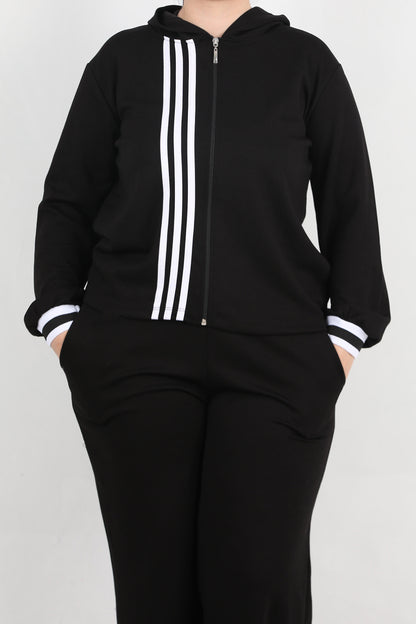 LineaFit Büyük Beden Çizgili Kapşonlu Takım Siyah