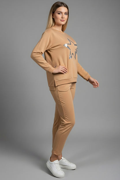 Büyük Beden Yıldız Varaklı Takım Bej