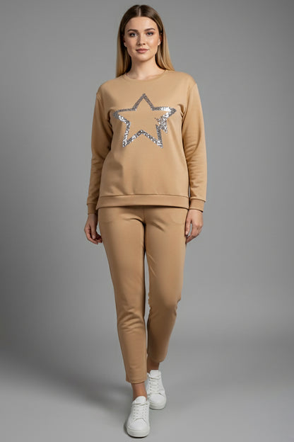 Büyük Beden Yıldız Varaklı Takım Bej