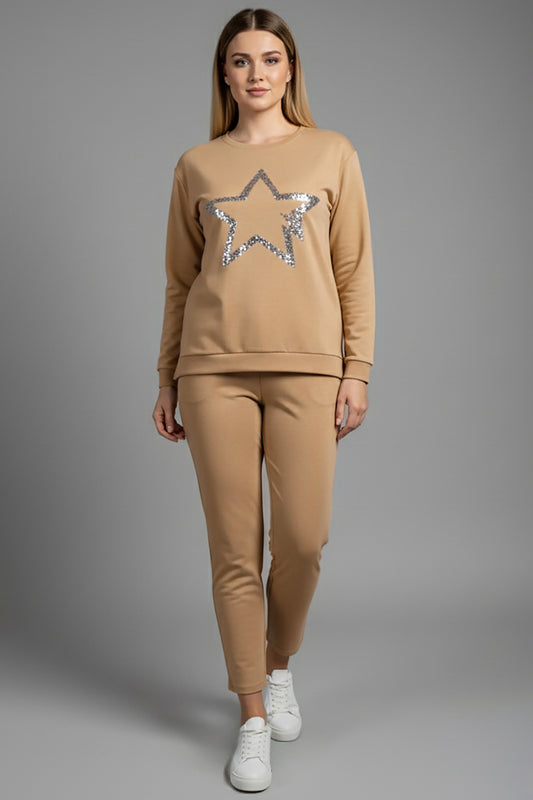 Büyük Beden Yıldız Varaklı Takım Bej