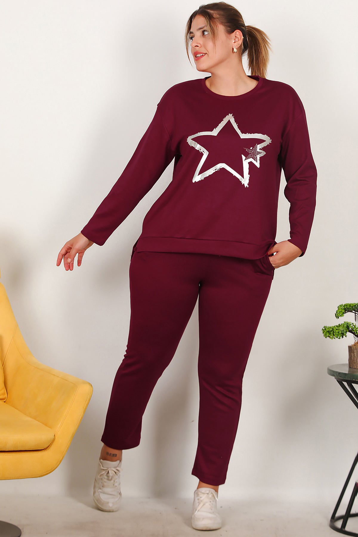 Büyük Beden Yıldız Varaklı Takım Bordo
