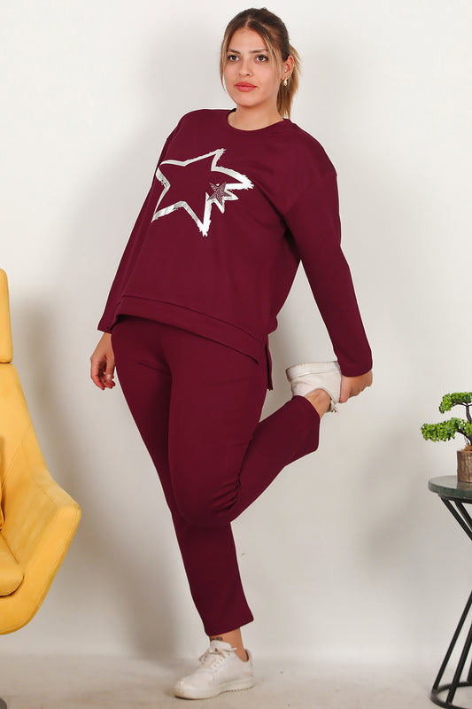 Büyük Beden Yıldız Varaklı Takım Bordo