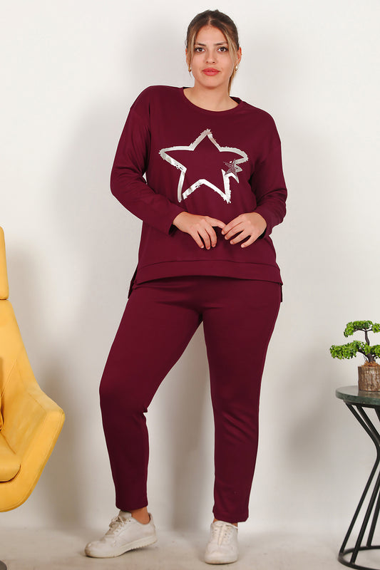 Büyük Beden Yıldız Varaklı Takım Bordo