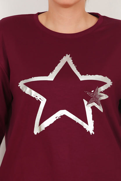 Büyük Beden Yıldız Varaklı Takım Bordo