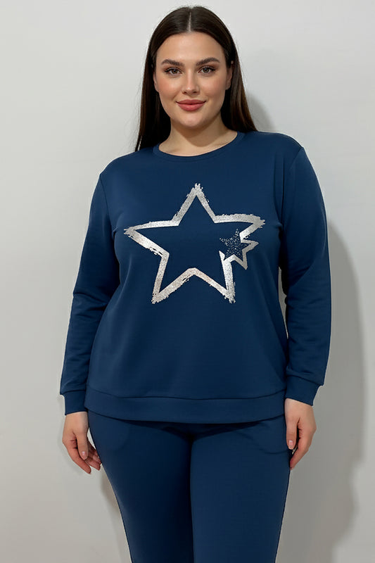 Büyük Beden Yıldız Varaklı Takım İndigo