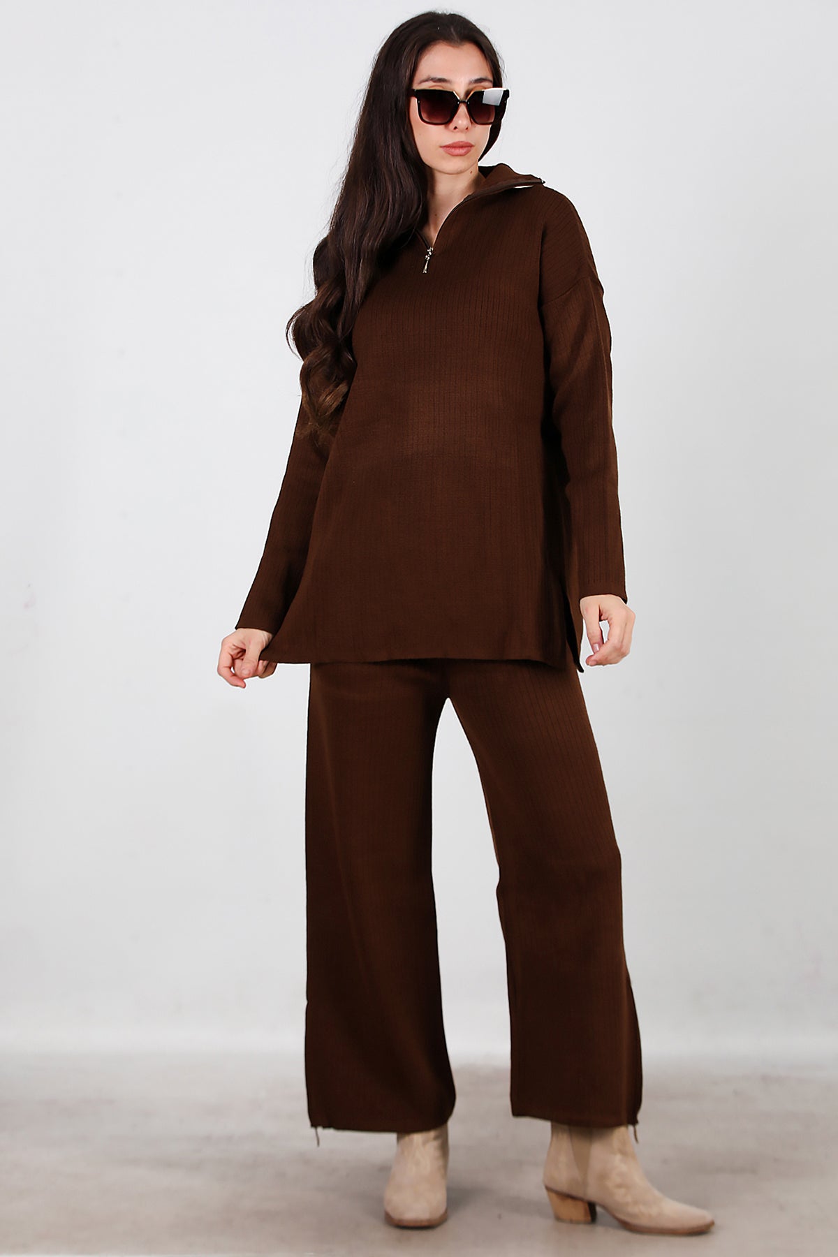 Kadın Fermuar Detay Triko Takım Kahverengi