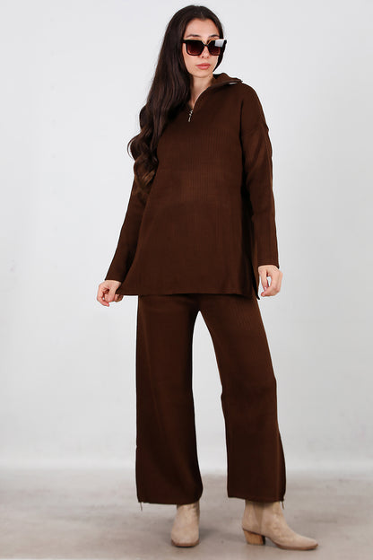 Kadın Fermuar Detay Triko Takım Kahverengi