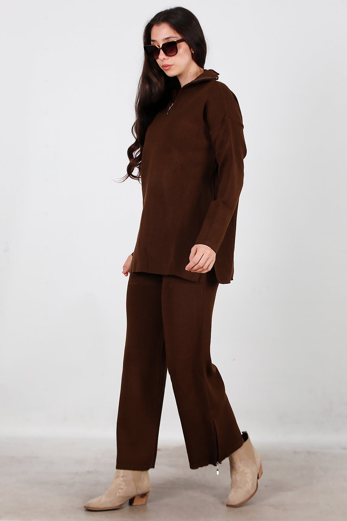 Kadın Fermuar Detay Triko Takım Kahverengi