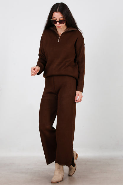 Kadın Fermuar Detay Triko Takım Kahverengi