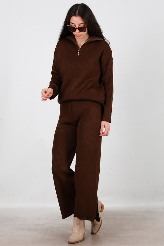 Kadın Fermuar Detay Triko Takım Kahverengi