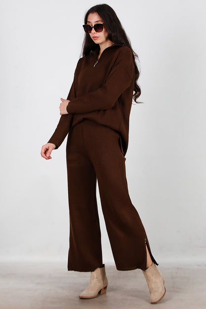 Kadın Fermuar Detay Triko Takım Kahverengi