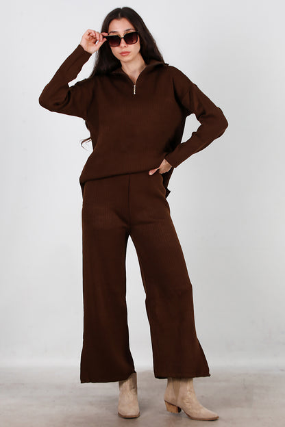 Kadın Fermuar Detay Triko Takım Kahverengi