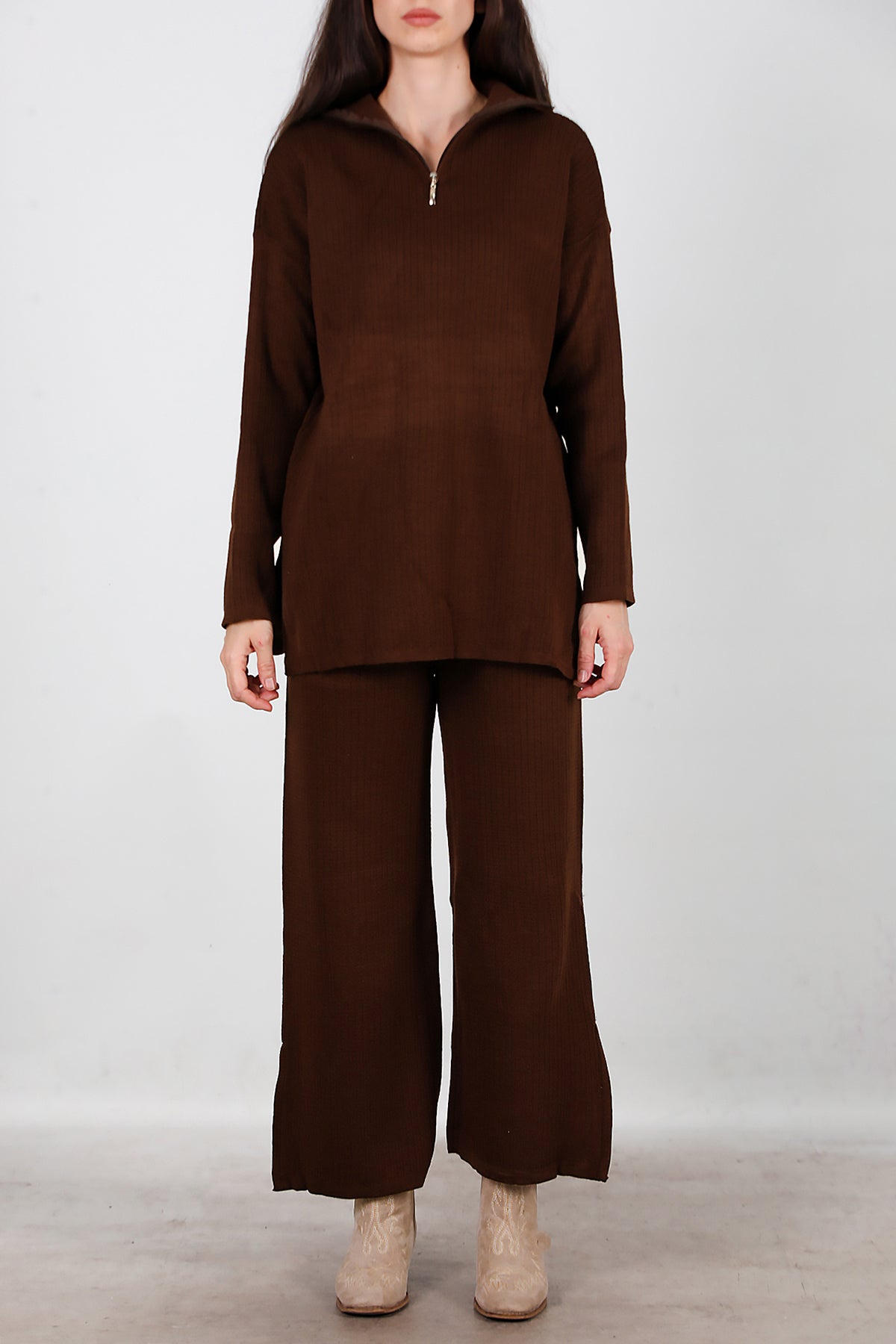 Kadın Fermuar Detay Triko Takım Kahverengi