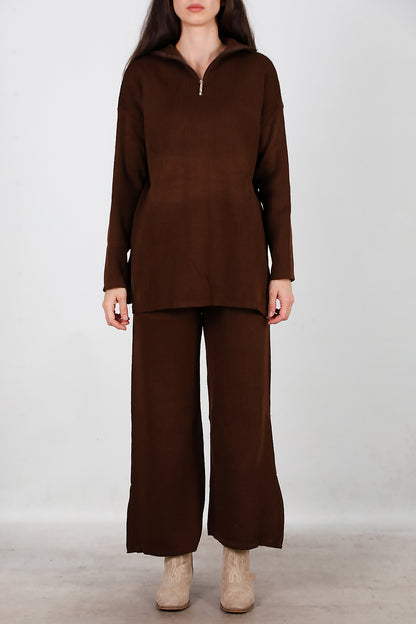 Kadın Fermuar Detay Triko Takım Kahverengi