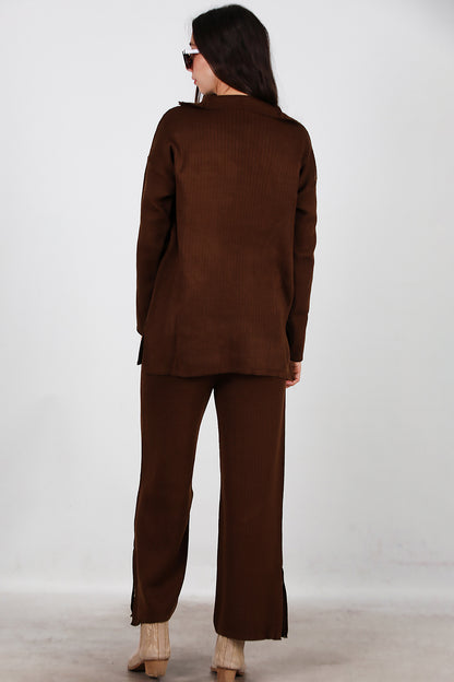 Kadın Fermuar Detay Triko Takım Kahverengi
