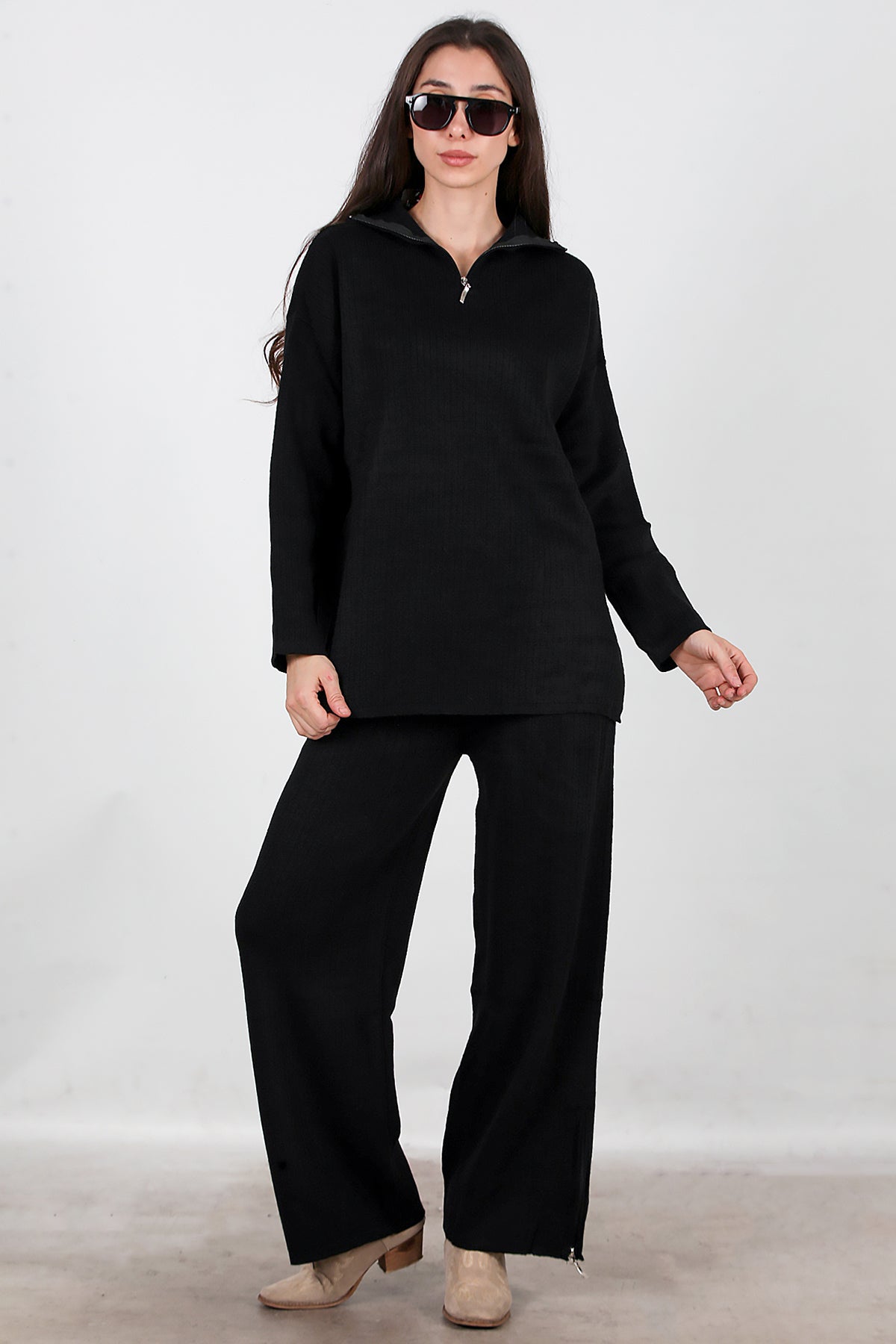 Kadın Fermuar Detay Triko Takım Siyah