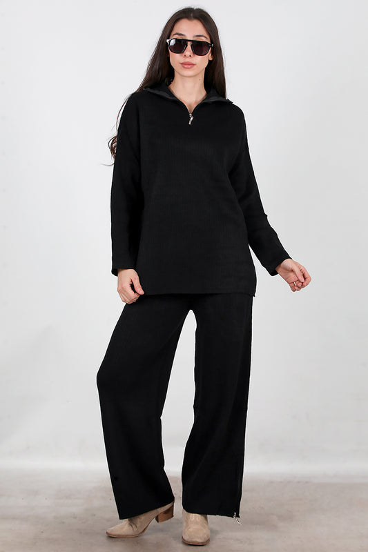 Kadın Fermuar Detay Triko Takım Siyah