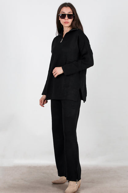 Kadın Fermuar Detay Triko Takım Siyah