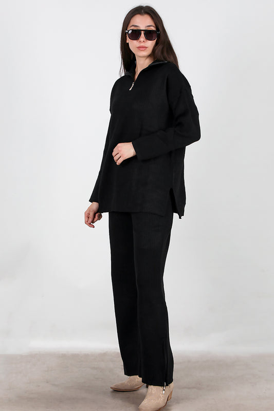 Kadın Fermuar Detay Triko Takım Siyah