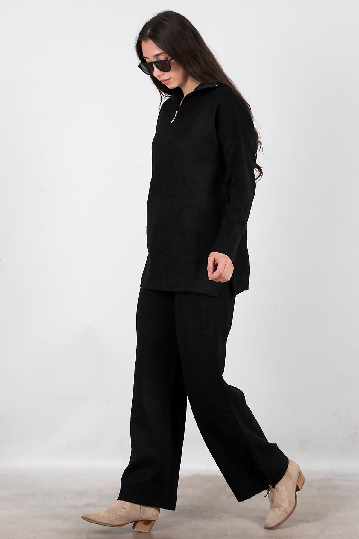 Kadın Fermuar Detay Triko Takım Siyah