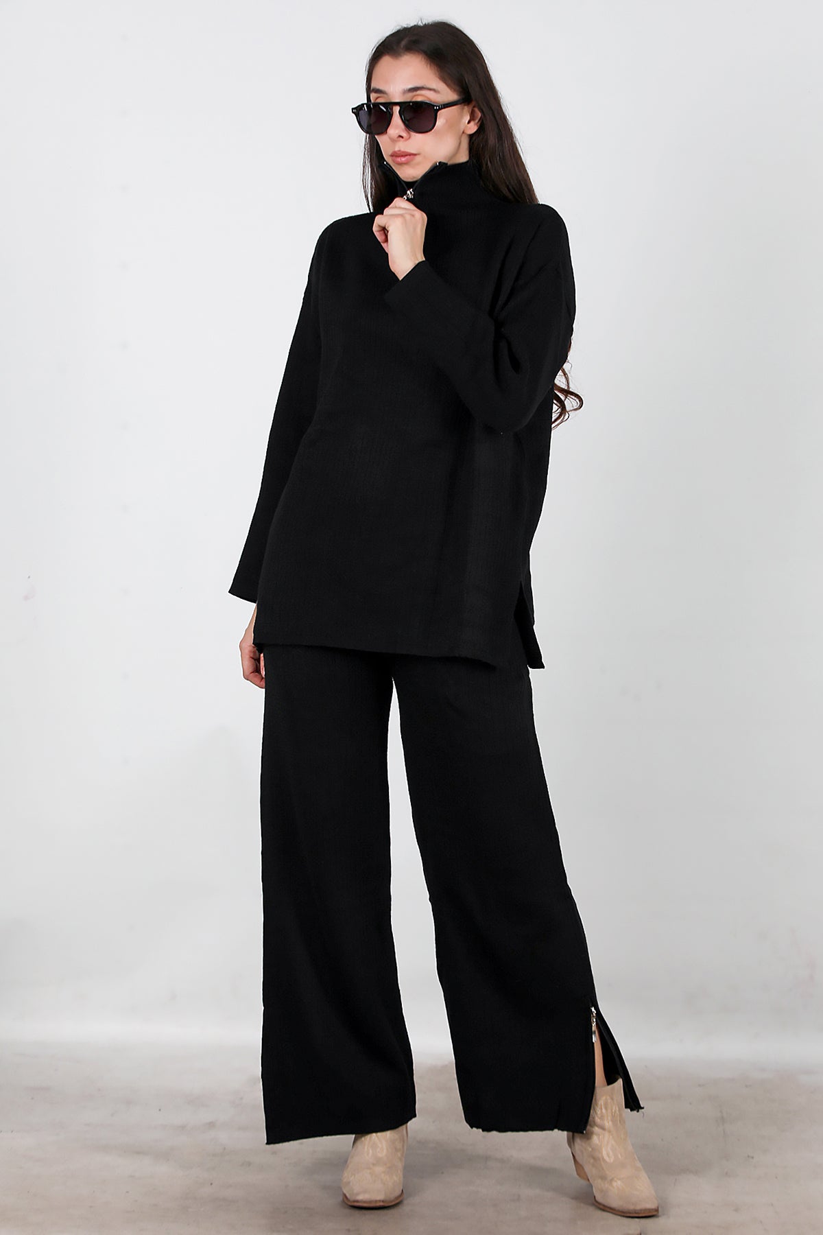 Kadın Fermuar Detay Triko Takım Siyah