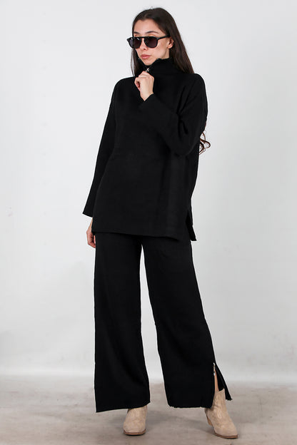 Kadın Fermuar Detay Triko Takım Siyah