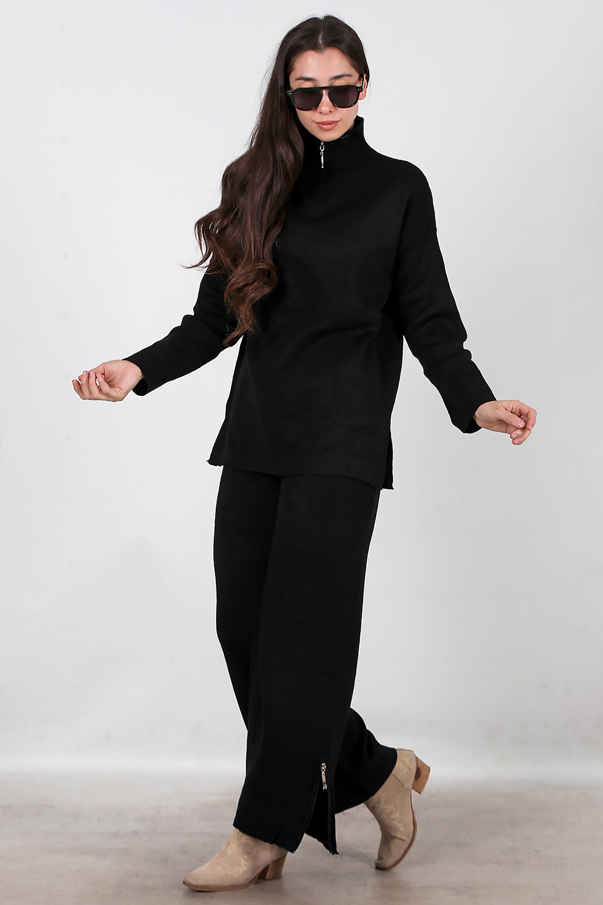 Kadın Fermuar Detay Triko Takım Siyah
