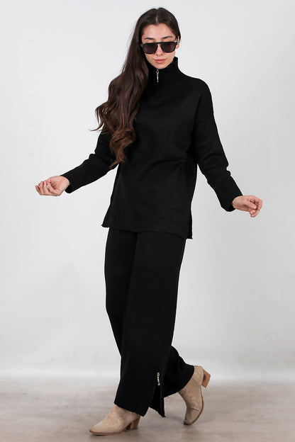 Kadın Fermuar Detay Triko Takım Siyah