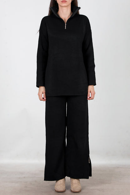 Kadın Fermuar Detay Triko Takım Siyah