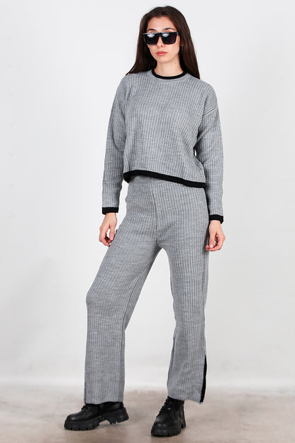 Kadın Garnili Paça Fermuarlı Triko Takım Antrasit