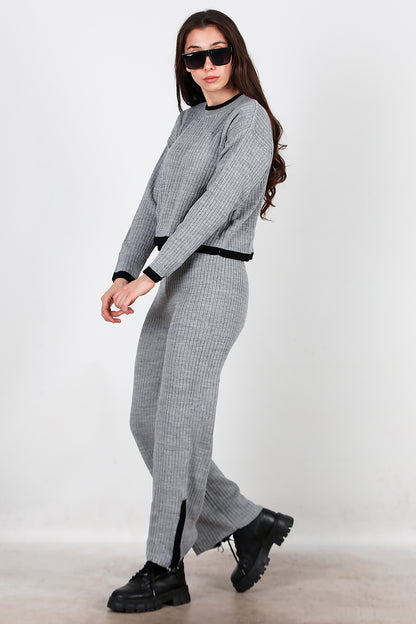 Kadın Garnili Paça Fermuarlı Triko Takım Antrasit