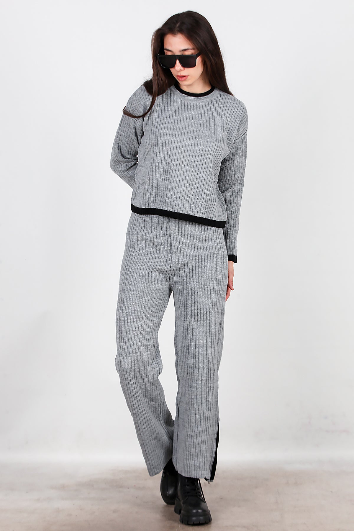 Kadın Garnili Paça Fermuarlı Triko Takım Antrasit