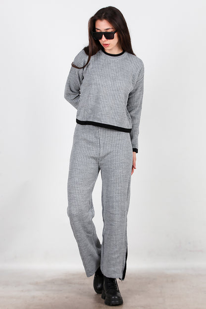 Kadın Garnili Paça Fermuarlı Triko Takım Antrasit