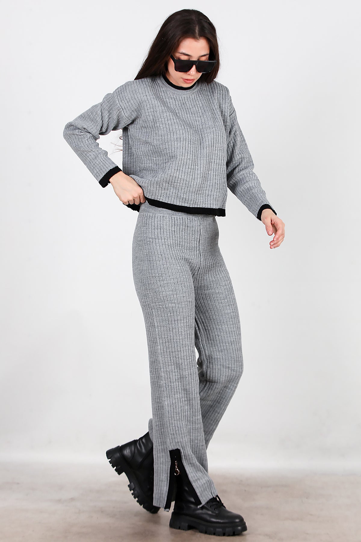 Kadın Garnili Paça Fermuarlı Triko Takım Antrasit