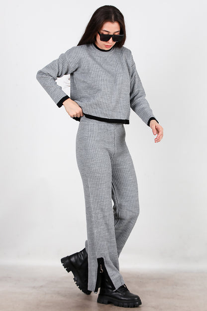 Kadın Garnili Paça Fermuarlı Triko Takım Antrasit