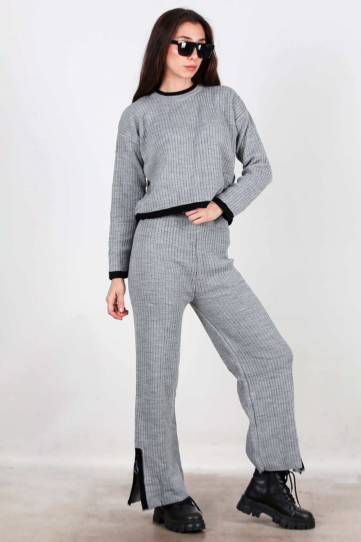 Kadın Garnili Paça Fermuarlı Triko Takım Antrasit