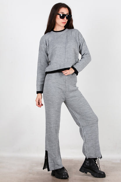 Kadın Garnili Paça Fermuarlı Triko Takım Antrasit