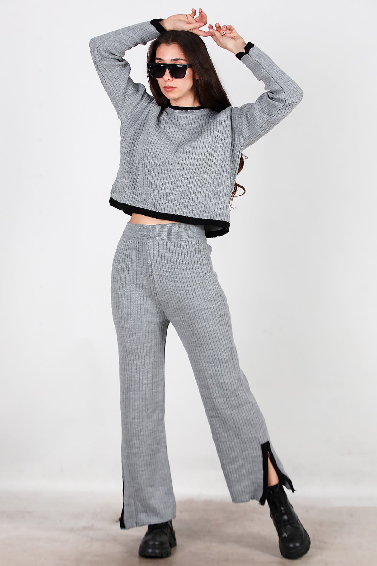 Kadın Garnili Paça Fermuarlı Triko Takım Antrasit