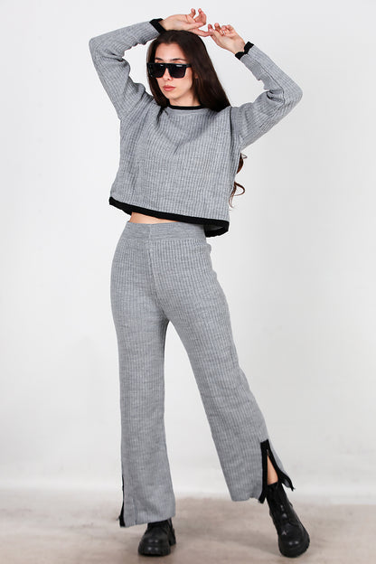 Kadın Garnili Paça Fermuarlı Triko Takım Antrasit
